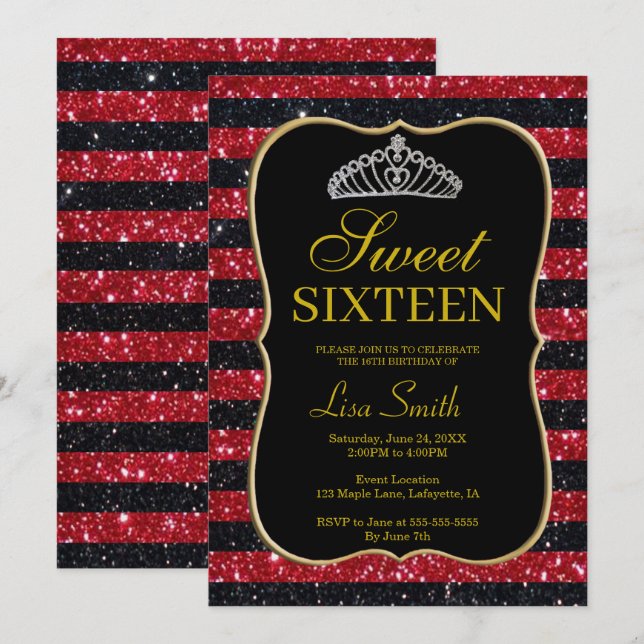 Elegant Chic Black Red Glitter Tiara Sweet 16 Invitation (Front/Back)