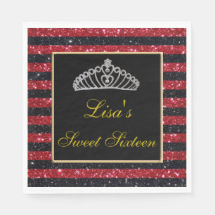 Elegant Chic Black Red Glitter Tiara Sweet 16 Napkins
