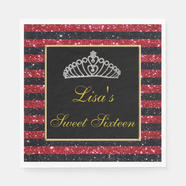 Elegant Chic Black Red Glitter Tiara Sweet 16 Napkins (Front)