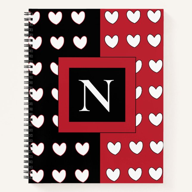 Elegant Chic Black Red White Hearts Monogram Notebook (Front)