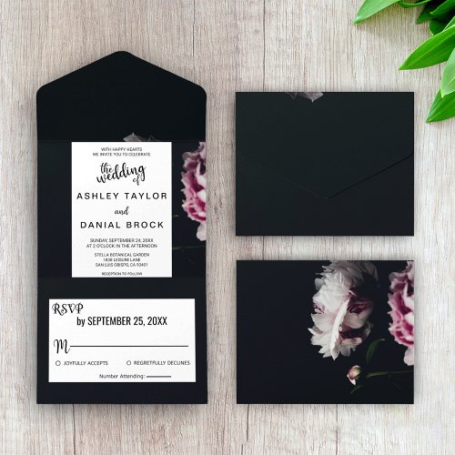 Elegant chic black romantic rose floral Wedding Al All In One Invitation