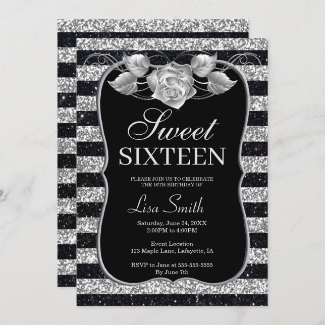 Elegant Chic Black Silver Glitter Rose Sweet 16 Invitation (Front/Back)
