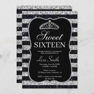 Elegant Chic Black Silver Glitter Tiara Sweet 16 Invitation