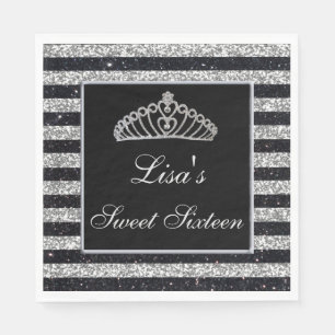 Elegant Chic Black Silver Glitter Tiara Sweet 16 Napkins