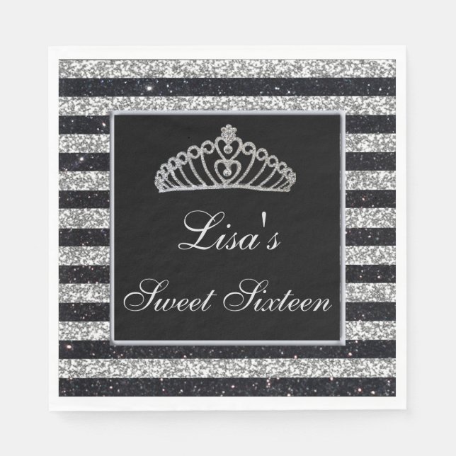 Elegant Chic Black Silver Glitter Tiara Sweet 16 Napkins (Front)