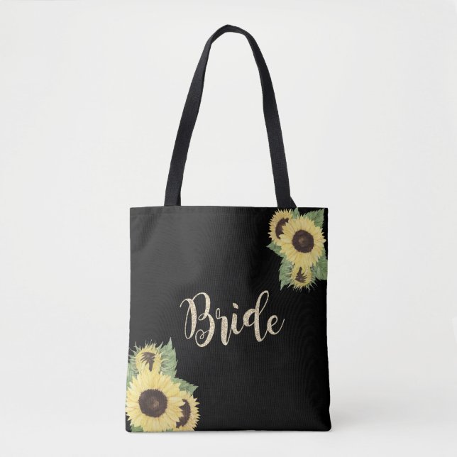 Elegant Chic Black, Sunflowers, Bride Tote Bag (Front)