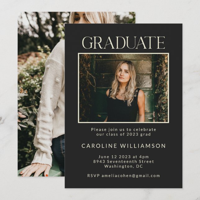 Elegant Chic Black Two Photo Graduation Party Invitation (Front/Back)