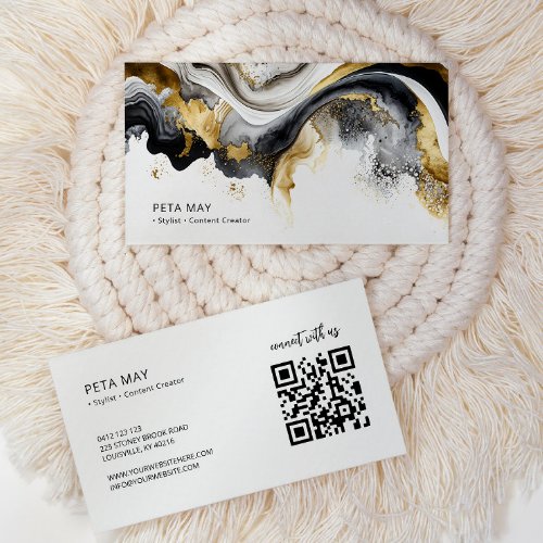 Elegant Chic Black  White Abstract Watercolour QR Business Card
