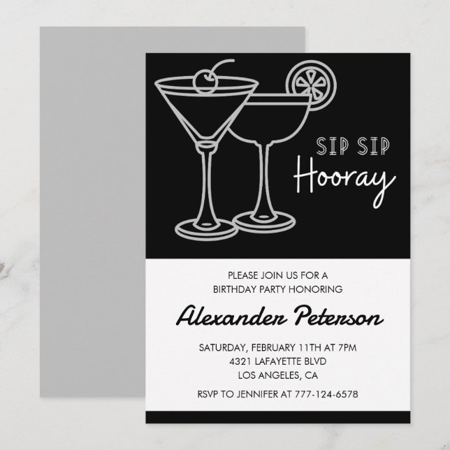 Elegant Chic Black White Cocktail 57th birthday Invitation (Front/Back)
