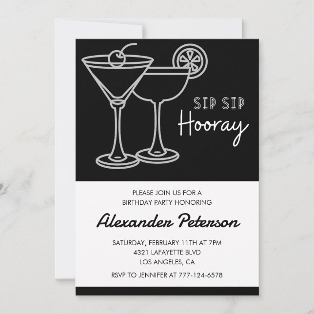 Elegant Chic Black White Cocktail 91st birthday Invitation (Front)