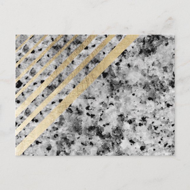 Elegant chic black white faux gold stripes marble postcard (Front)