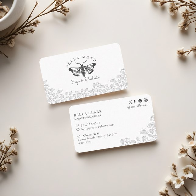 Elegant & Chic Black & White Florals & Moth Logo Business Card (Elegant & Chic Black & White Florals & Moth Logo Business Card)