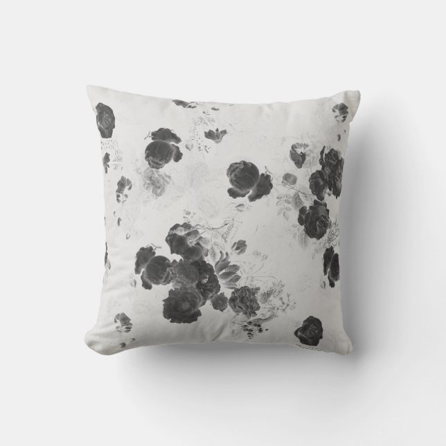 Elegant Chic Black White Gray Roses Floral Toile Throw Pillow (Front)