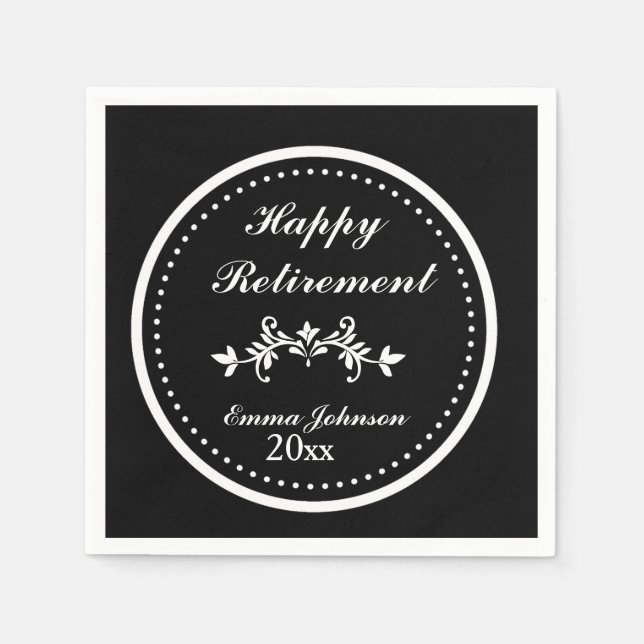 Elegant Chic Black & White Happy Retirement Napkins (Front)