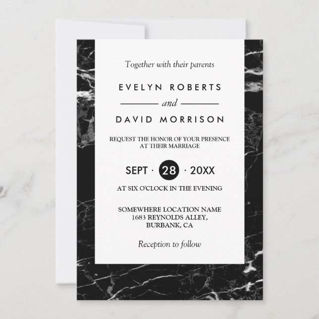 Elegant Chic Black White Marble Simple Wedding Invitation (Front)