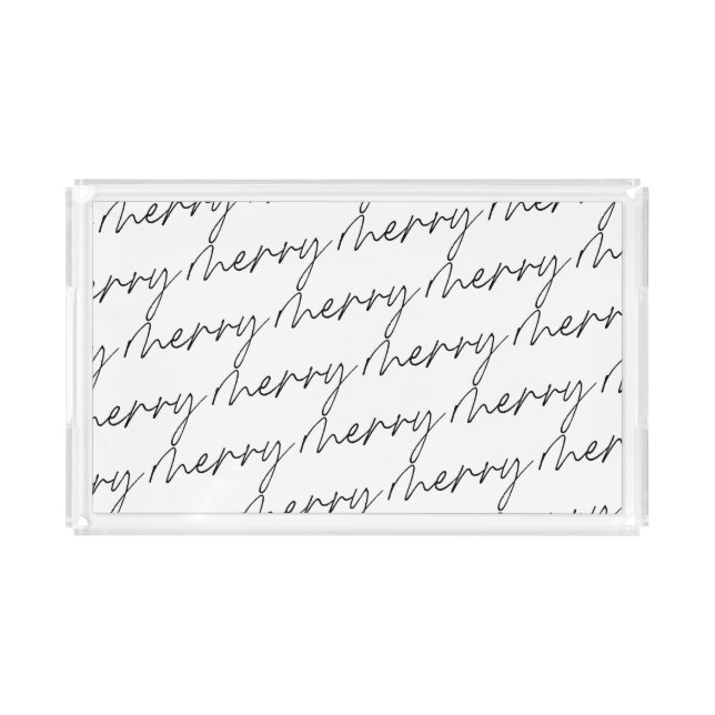 Elegant Chic Black White Merry Script Lettering Acrylic Tray (Front)