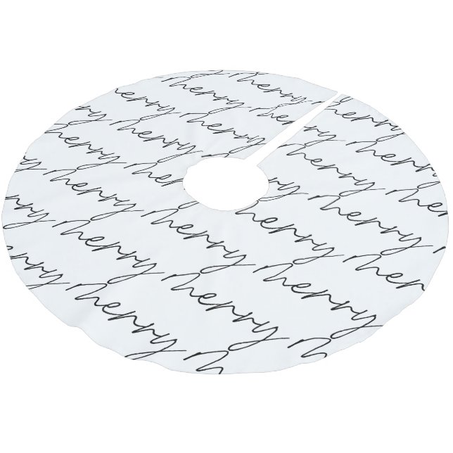 Elegant Chic Black White Merry Script Lettering Brushed Polyester Tree Skirt (Angled)