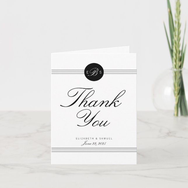 Elegant Chic Black White Monogram Thank You Card (Front)