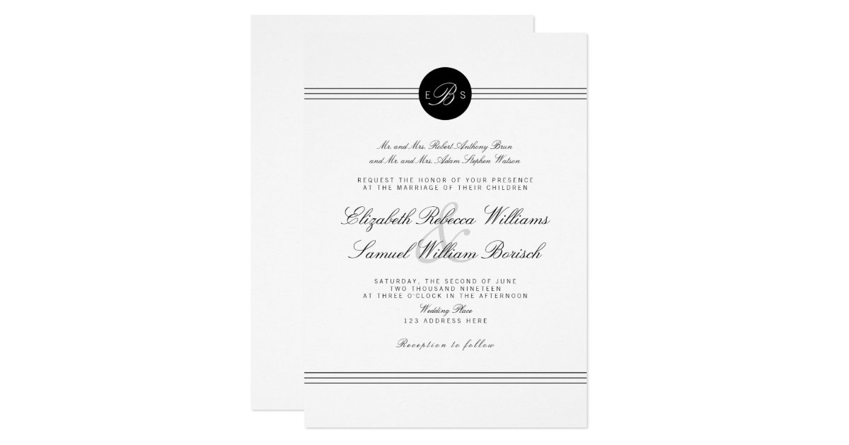 Elegant Chic Black White Monogram Wedding Invite | Zazzle