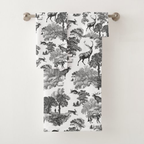 Elegant Chic Black White Toile Deer Woodland Bath Towel Set