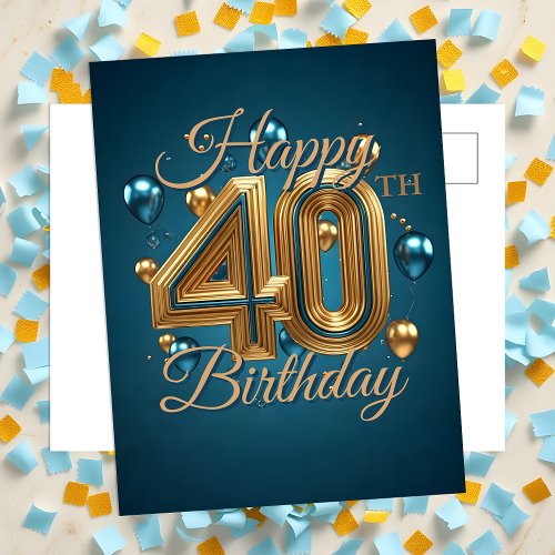 Elegant Chic Blue and Gold Balloons 40th Birthday