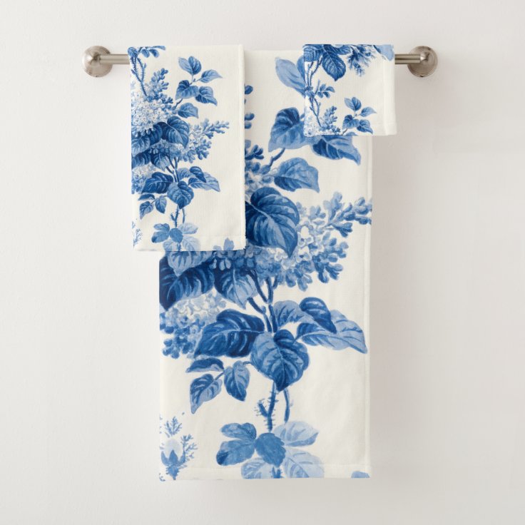 Elegant Chic Blue and White Vintage Floral Bath Towel Set | Zazzle