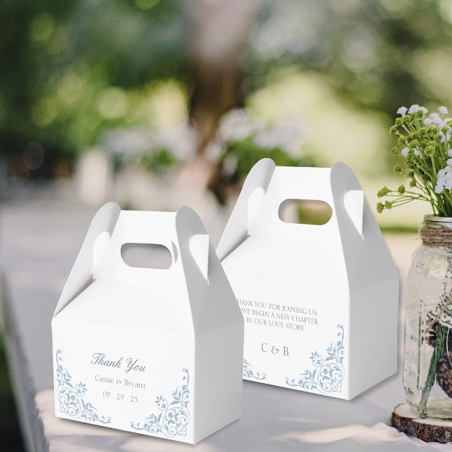 Elegant Chic Blue and White Wedding Thank You Favor Boxes (Elegant simple blue and white formal minimalist vintage old money wedding thank you bridal party box)