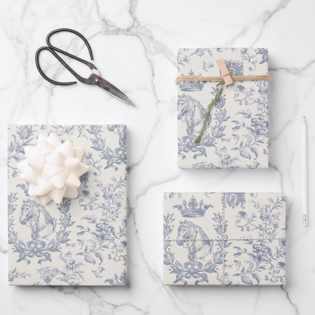 Elegant Chic Blue Beige Equestrian Floral Toile Wrapping Paper Sheets (Front)