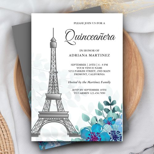 Elegant Chic Blue Floral Eiffel Tower Quinceanera Invitation