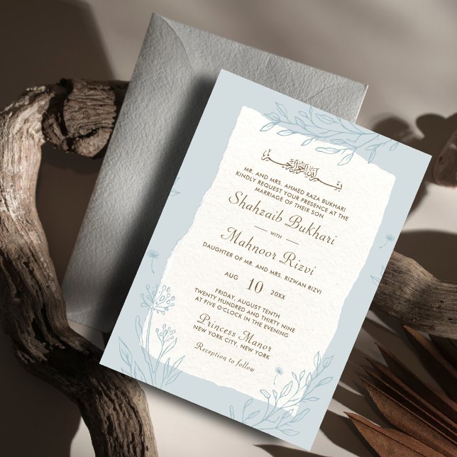 Elegant Chic Blue Floral Islamic Wedding Monogram Invitation (Creator Uploaded)