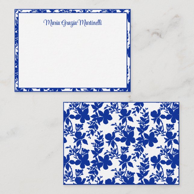 Elegant Chic Blue Floral Pattern Custom Note Card (Front/Back)