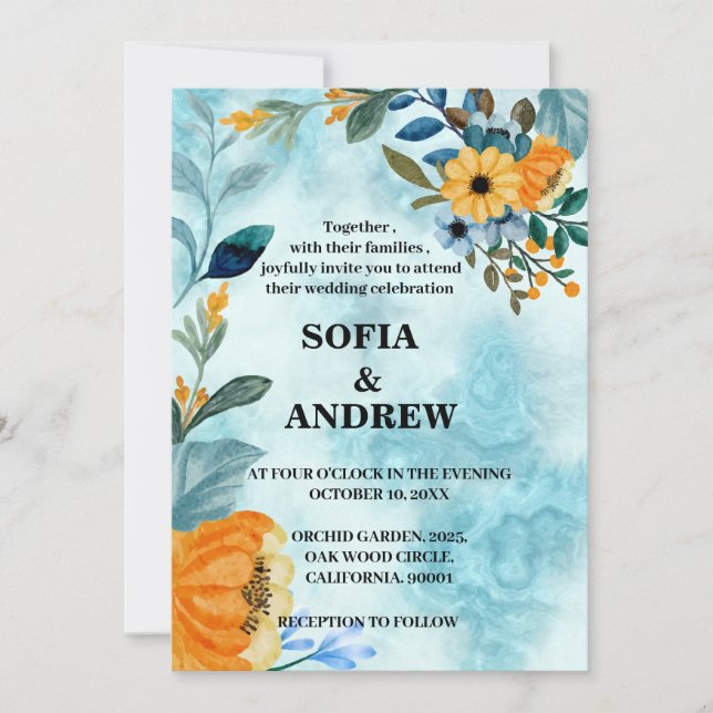 Elegant chic blue floral watercoloer invitation (Front)