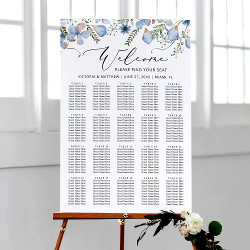 Elegant Chic Blue Floral Wedding Seating Chart 
