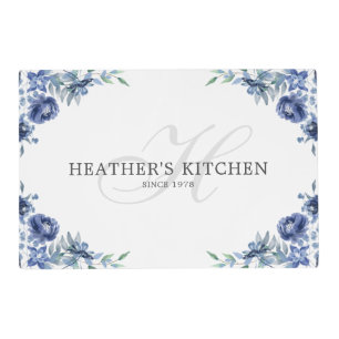 Elegant Chic Blue Florals Monogram Name Placemat