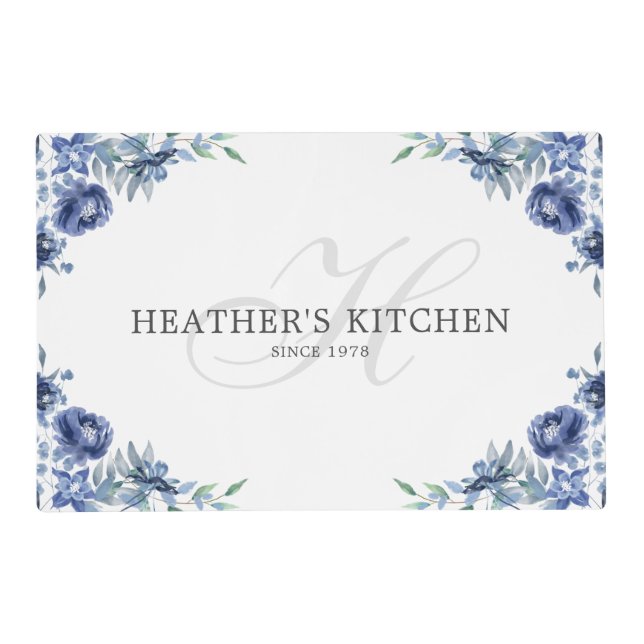 Elegant Chic Blue Florals Monogram Name Placemat (Front)