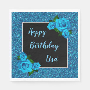 Elegant Chic Blue Glitter Blue Roses Birthday Napkins
