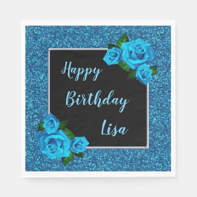 Elegant Chic Blue Glitter Blue Roses Birthday Napkins (Front)
