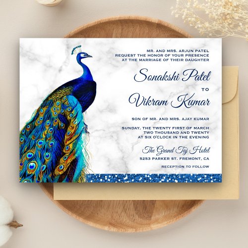 Elegant Chic Blue Glitter Peacock Indian Wedding Invitation