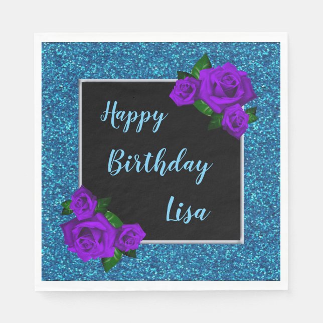 Elegant Chic Blue Glitter Purple Roses Birthday Napkins (Front)