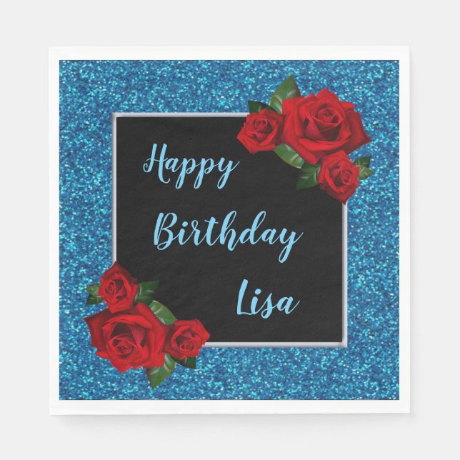Elegant Chic Blue Glitter Red Roses Birthday Napkins (Front)