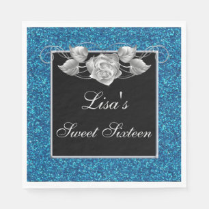 Elegant Chic Blue Glitter Silver Rose Sweet 16 Napkins