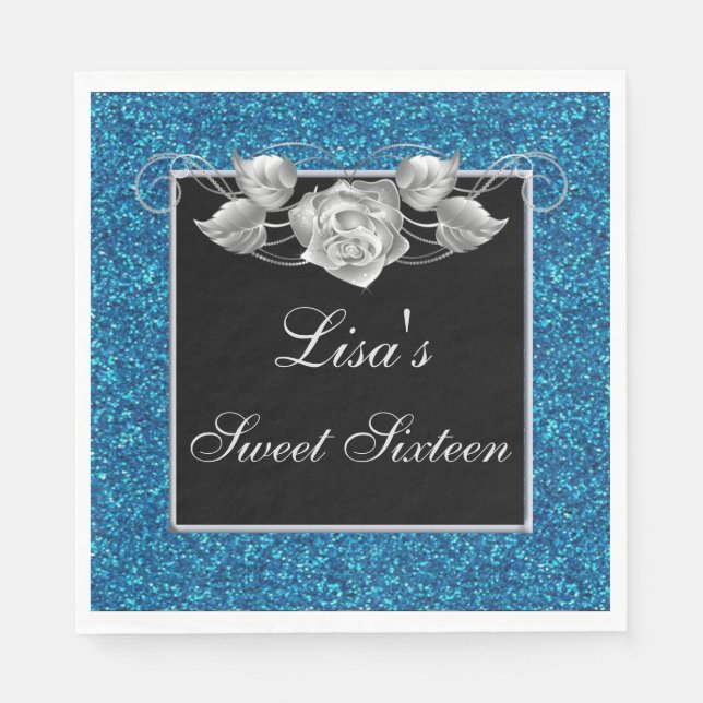 Elegant Chic Blue Glitter Silver Rose Sweet 16 Napkins (Front)