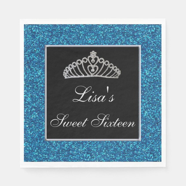 Elegant Chic Blue Glitter Tiara Sweet 16 Napkins (Front)