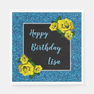 Elegant Chic Blue Glitter Yellow Roses Birthday Napkins