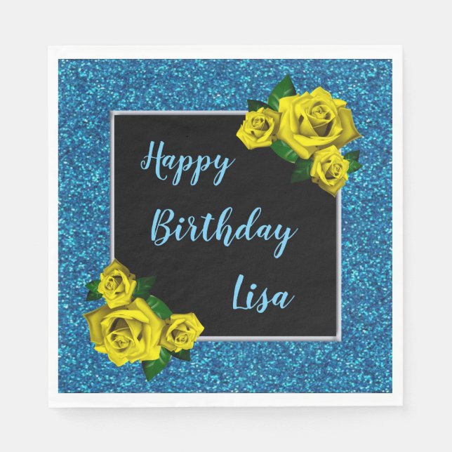 Elegant Chic Blue Glitter Yellow Roses Birthday Napkins (Front)