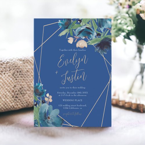 Elegant chic blue gold Floral Watercolor Wedding Invitation