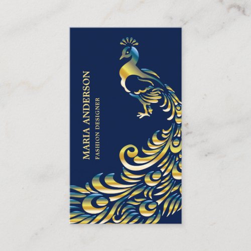 Elegant Chic Blue Gold Foil Shiny Peacock Business Card