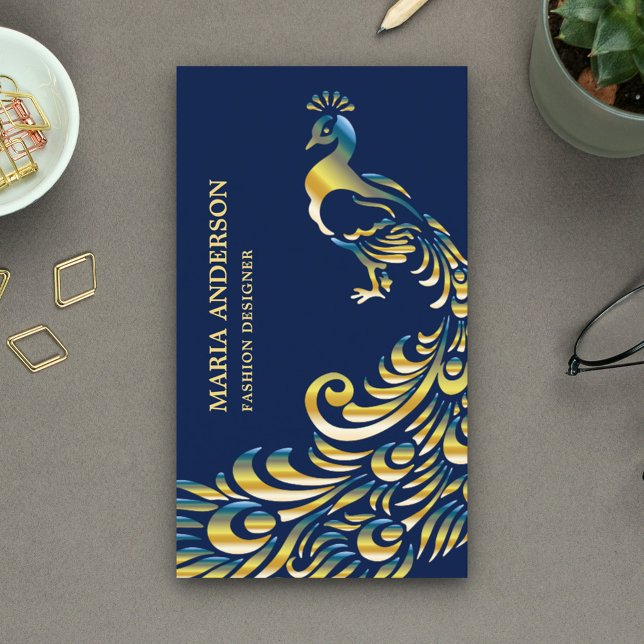 Elegant Chic Blue Gold Foil Shiny Peacock Business Card (Creator Uploaded)