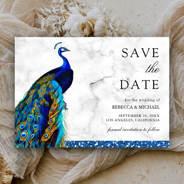 Elegant Chic Blue Peacock Indian Wedding Save The Date (Creator Uploaded)