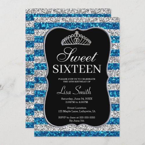 Elegant Chic Blue Silver Glitter Tiara Sweet 16 Invitation